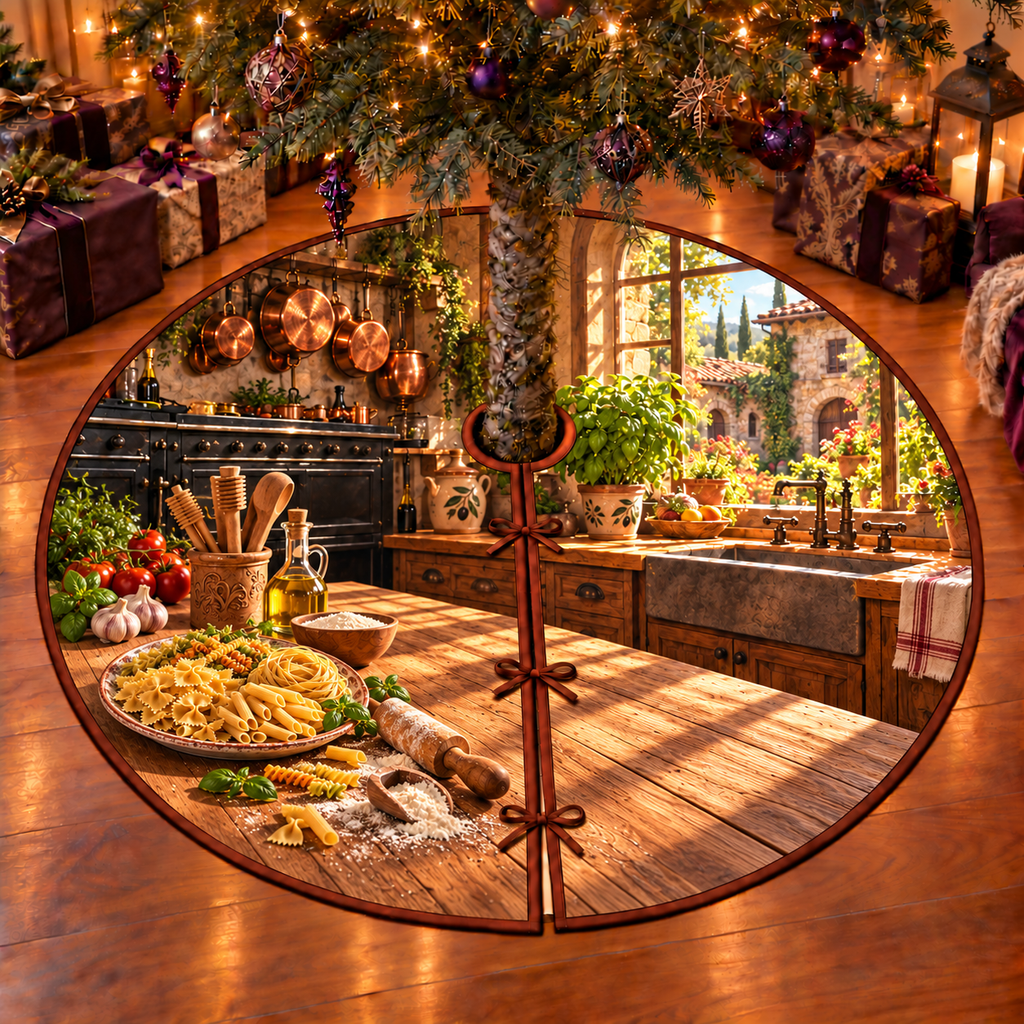 A complete ceramic platter displays golden farfalle bowties, penne tubes, spiral fusilli and a nest of ribbon pasta. Flour, wooden pasta tools and a rolling pin sit on the counter. Copper cookware, a basil-filled window and stone courtyard recede into a rustic Italian kitchen. Flat printed on a thin bound circular tree skirt with full radial slit and three ties.