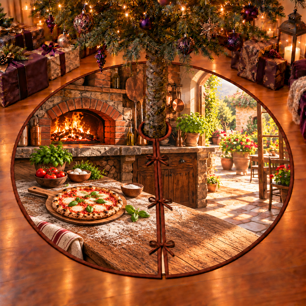 A whole margherita pizza with red tomato sauce, melted white mozzarella and fresh basil rests on a wooden pizza peel with a fully visible short handle. Bowls of tomatoes and mozzarella sit beside a glowing wood-fired brick oven, with a sunlit courtyard beyond. Flat printed on a thin bound circular tree skirt with full radial slit and three ties.