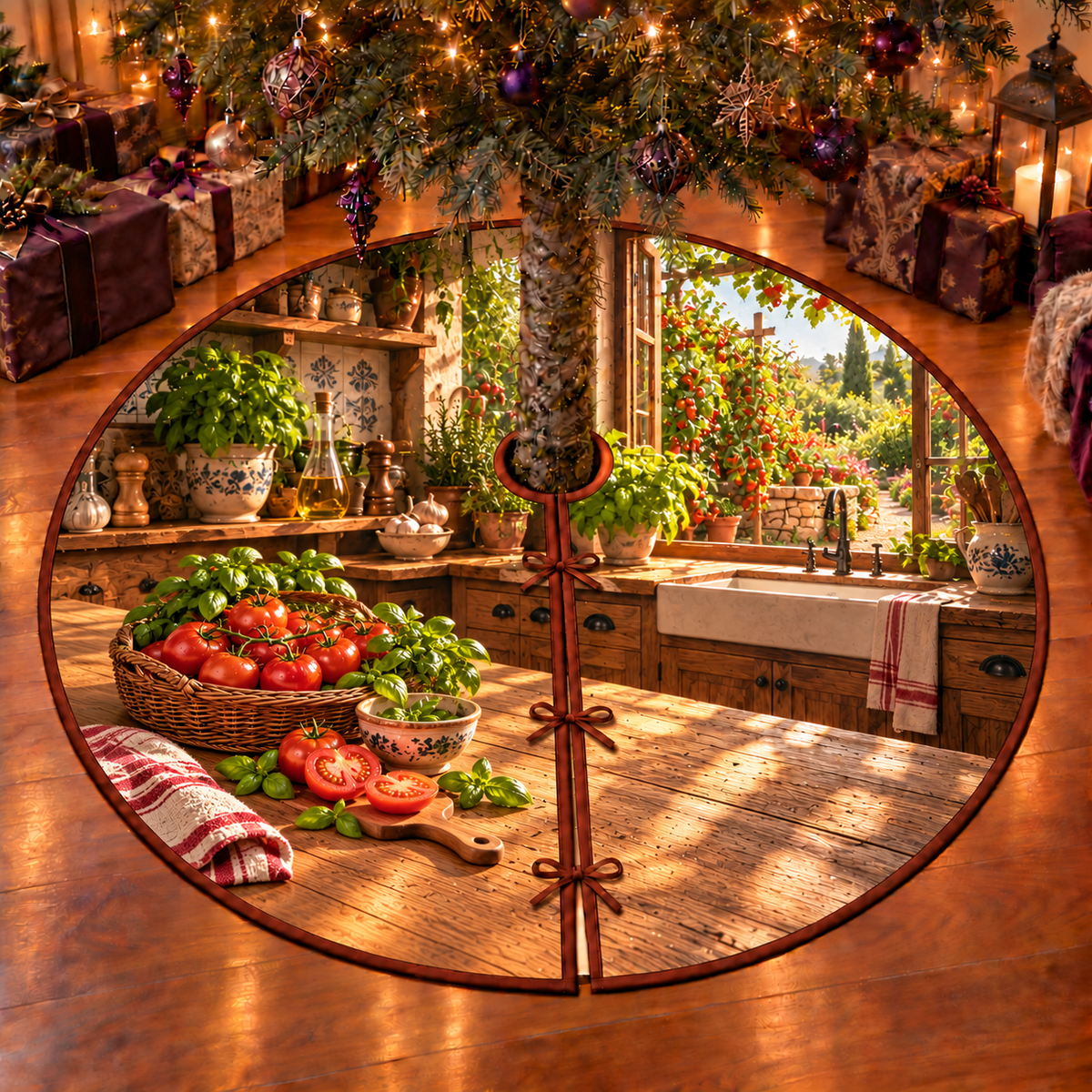 Ripe red vine tomatoes fill a complete wicker basket beside cut tomato halves, basil and a ceramic bowl on a small wooden board. A sunlit kitchen window opens toward tomato vines on supports, a low stone wall and a garden path. Flat printed on a thin bound circular tree skirt with full radial slit and three ties.