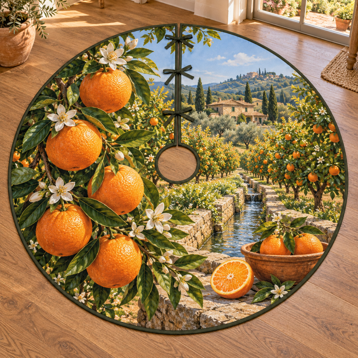 Oranges, white citrus blossoms and terracotta bowl beside an orange grove irrigation channel, entirely flat printed on a thin olive-bound tree skirt.