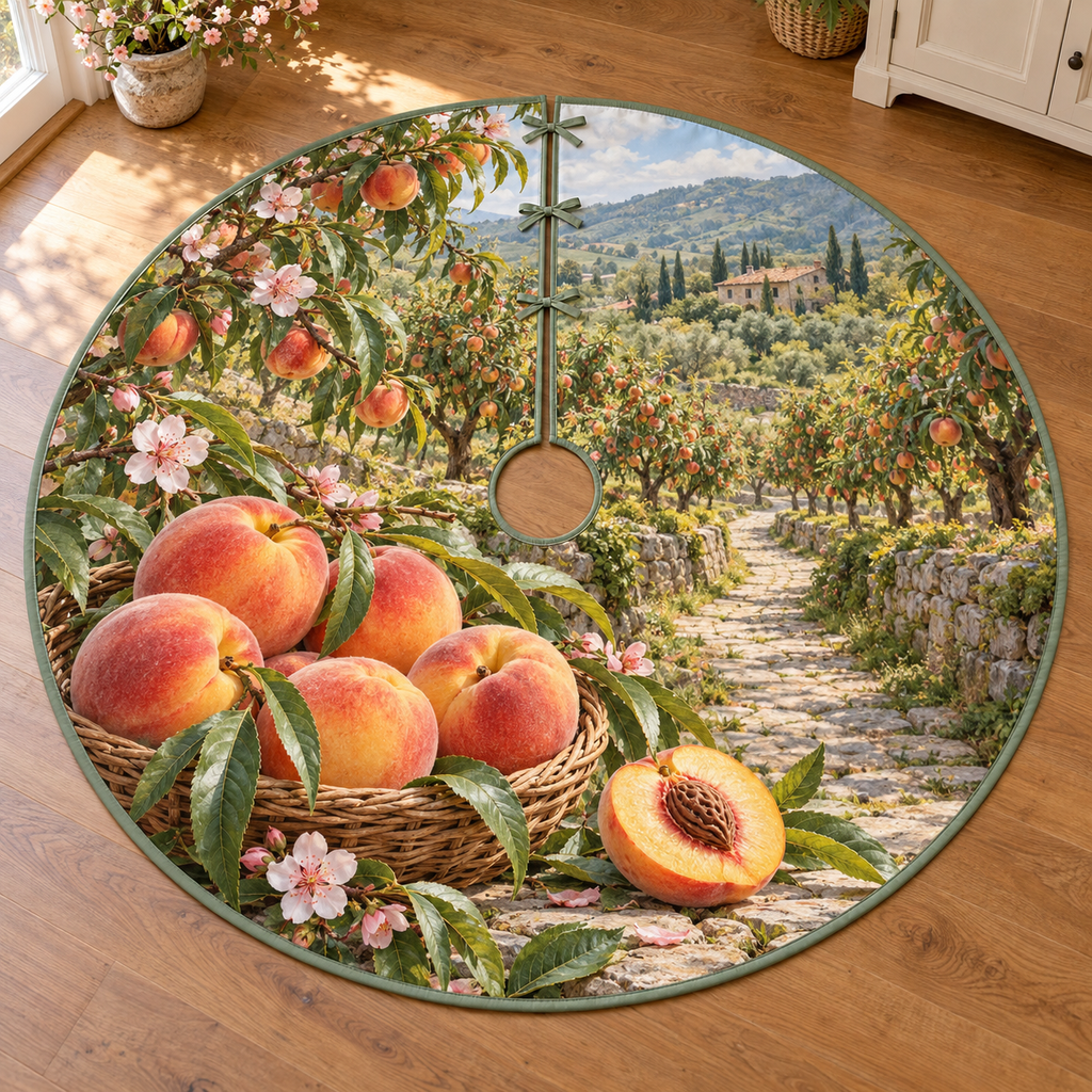Peaches and harvest basket beside a path through peach trees, entirely flat printed on a thin sage-bound circular tree skirt.