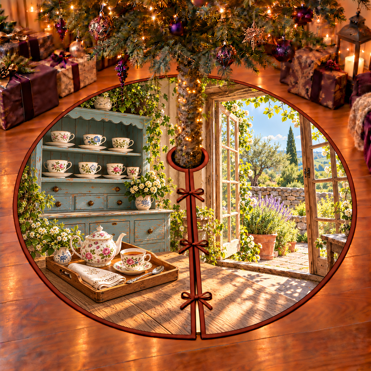 Floral ivory porcelain cups and saucers sit on recessed shelves of a weathered duck-egg-blue kitchen dresser. A complete oak tray holds a floral teapot, cup and saucer, silver spoon and folded cream napkin. An open rectangular casement reveals a sunlit herb garden and low stone wall. Flat printed on one thin bound circular tree skirt with full radial slit and three ties.