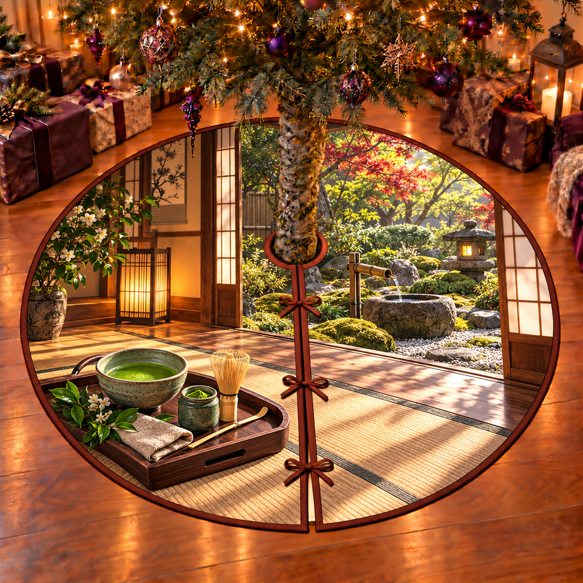 A celadon bowl of green matcha rests on a complete walnut tray beside a bamboo whisk, tea scoop, open ceramic powder caddy, folded linen and fresh tea leaves. Shoji panels open toward a moss garden with a stone water basin and bamboo spout. Flat printed on one thin bound circular tree skirt with full radial slit and three ties.