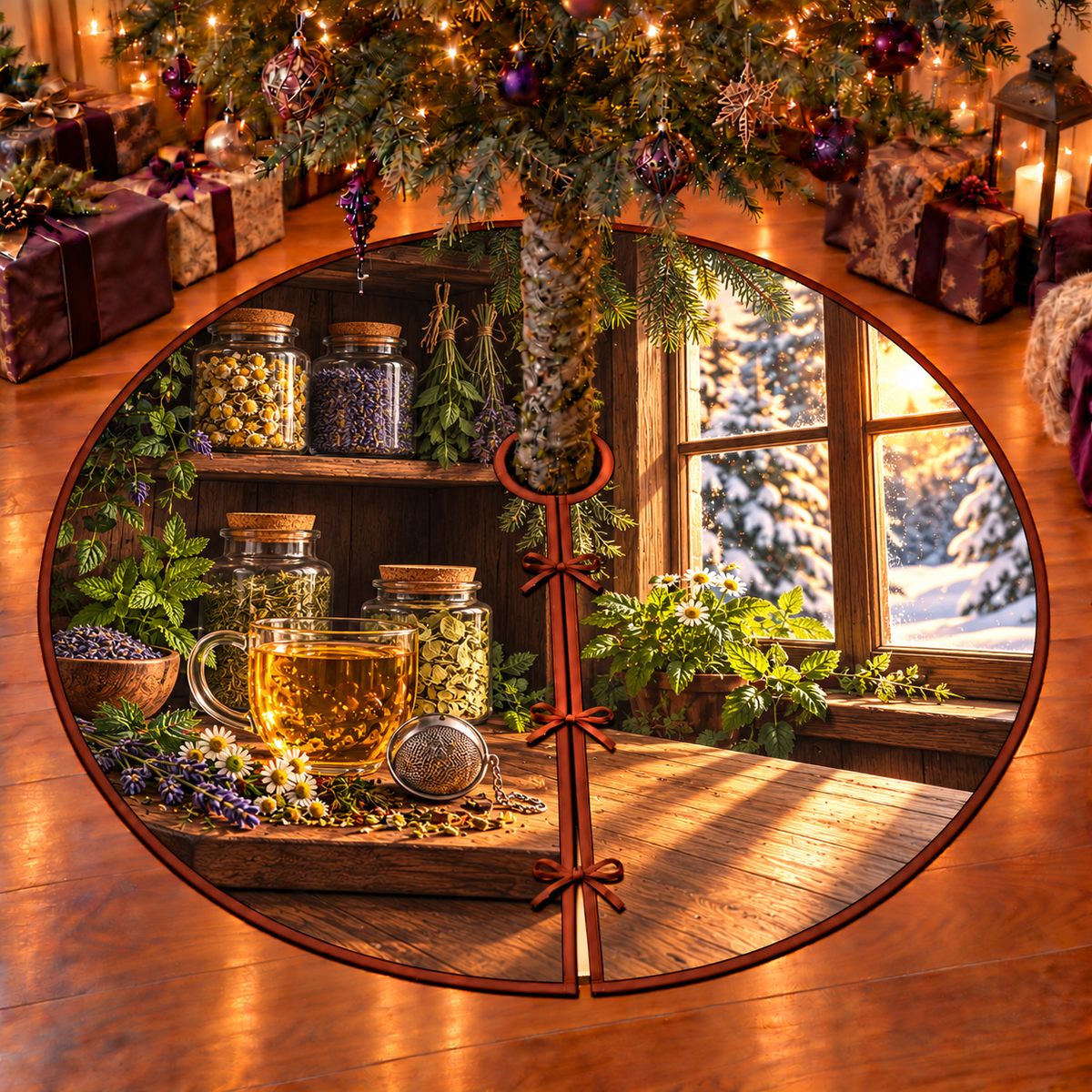 Transparent cork-lidded jars of chamomile, lavender, mint and lemon balm sit in a recessed walnut herb cabinet with hanging botanical bundles. A complete glass mug of amber herbal infusion and mesh infuser rest on the foreground shelf beside loose herb sprigs. A window reveals a snowy evergreen garden. Flat printed on one thin bound circular tree skirt with full radial slit and three ties.