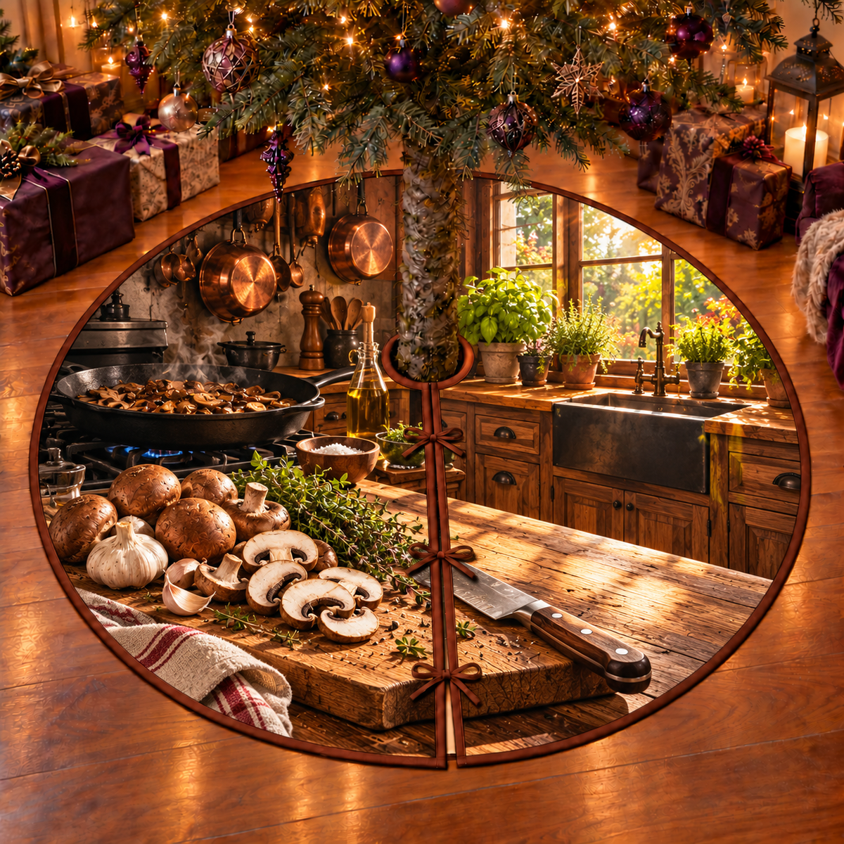 Whole brown mushrooms and sliced mushroom cross-sections sit on a wooden cutting board with thyme, garlic and a chef knife. A black skillet of mushrooms, hanging copper cookware, wooden cupboards and a sunlit herb-filled window recede into a rustic kitchen. Flat printed on a thin bound circular tree skirt with full radial slit and three ties.