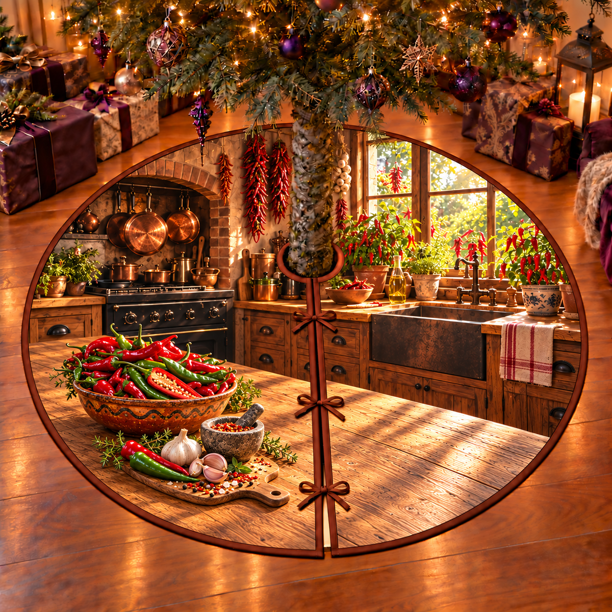 Glossy red and green chili peppers fill a complete decorated ceramic bowl, with one sliced pepper showing pale seeds. Garlic, a small spice mortar and loose peppers rest on a wooden board. Dried chili strings, copper cookware and pepper plants recede into a sunlit rustic kitchen. Flat printed on a thin bound circular tree skirt with full radial slit and three ties.