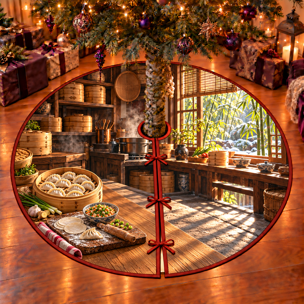 A complete bamboo steamer holds pale pleated dumplings beside round wrappers, a folded dumpling, a small rolling pin and a bowl of chopped vegetable filling on a flour-dusted wooden prep board. Receding steamer shelves, hanging utensils and a sunny bamboo garden window complete the kitchen scene. Flat printed optical depth on one thin tree skirt.