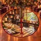 A complete bamboo steamer holds pale pleated dumplings beside round wrappers, a folded dumpling, a small rolling pin and a bowl of chopped vegetable filling on a flour-dusted wooden prep board. Receding steamer shelves, hanging utensils and a sunny bamboo garden window complete the kitchen scene. Flat printed optical depth on one thin tree skirt.