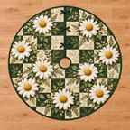Checkerboard Daisy Garden Tree Skirt. White daisies and sage foliage on ivory and forest-green square checkerboard, flat printed optical depth on a thin bound circle.
