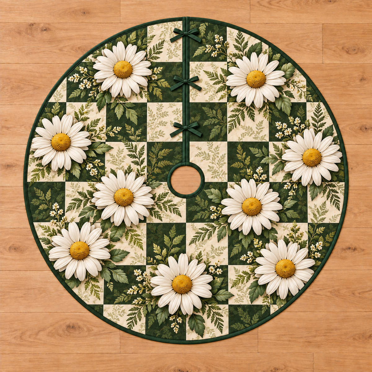Checkerboard Daisy Garden Tree Skirt. White daisies and sage foliage on ivory and forest-green square checkerboard, flat printed optical depth on a thin bound circle.