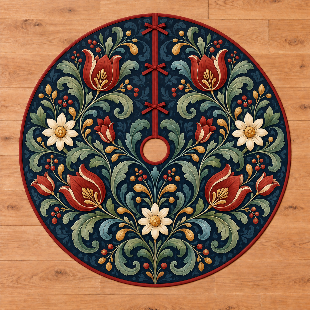 Scandinavian Folk Floral Scrolls Tree Skirt. Brick-red tulips, ivory rosettes and mirrored sage/teal leaf scrolls on navy, with flat printed optical depth on a thin bound circle.