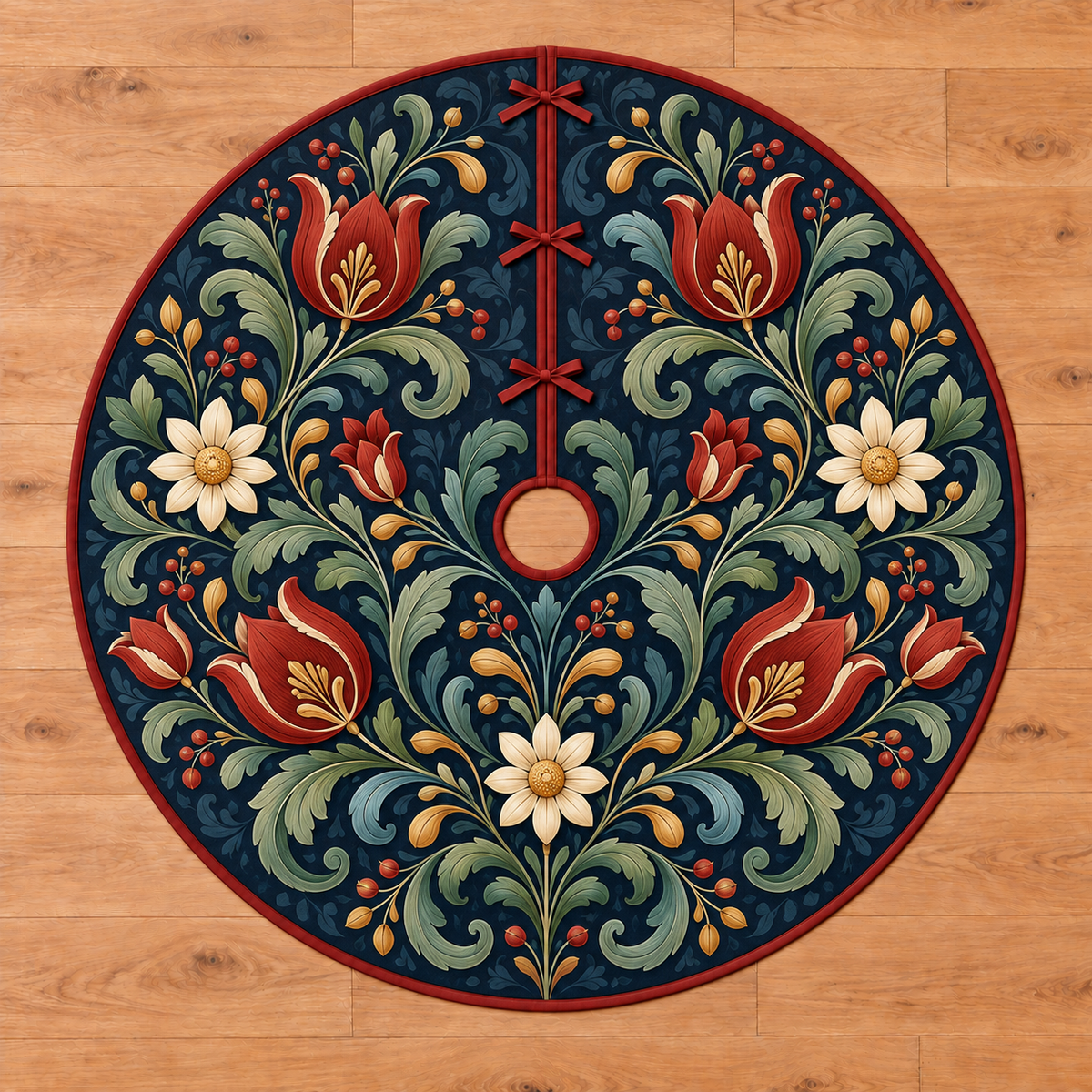 Scandinavian Folk Floral Scrolls Tree Skirt. Brick-red tulips, ivory rosettes and mirrored sage/teal leaf scrolls on navy, with flat printed optical depth on a thin bound circle.