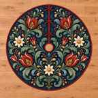 Scandinavian Folk Floral Scrolls Tree Skirt. Brick-red tulips, ivory rosettes and mirrored sage/teal leaf scrolls on navy, with flat printed optical depth on a thin bound circle.