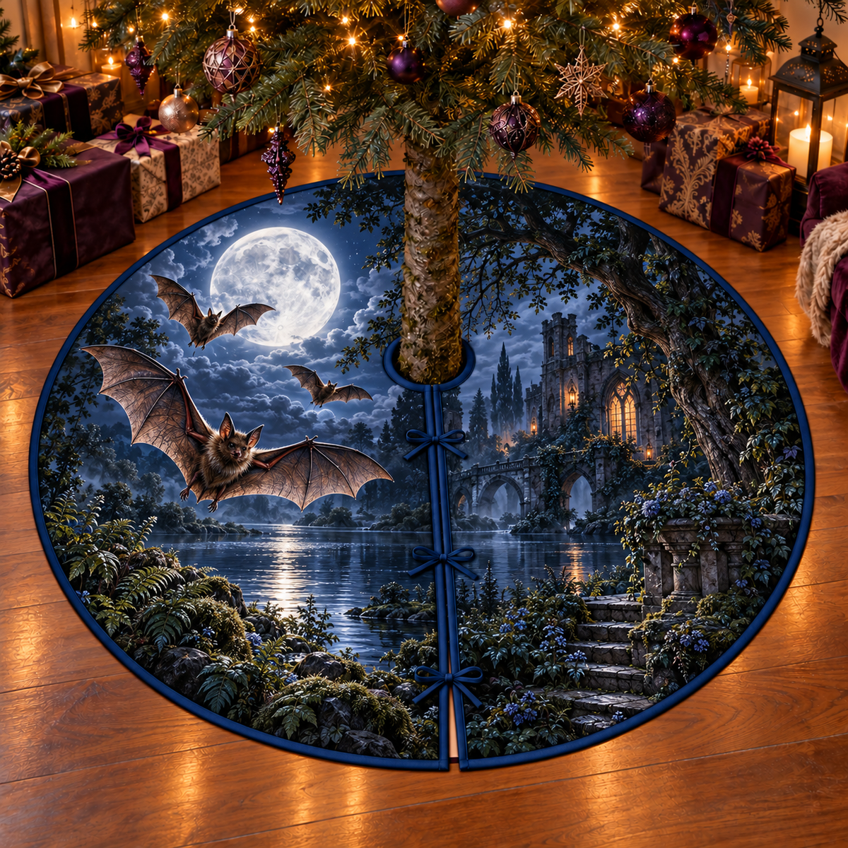 Three bats with complete outstretched wings over a full-moon woodland lake, flat printed on a thin round tree skirt with center opening, full radial slit and three ties.