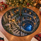 Lantern-holding skeleton beside a deep spiral stone stairwell, flat printed optical illusion on a charcoal-bound circular tree skirt.