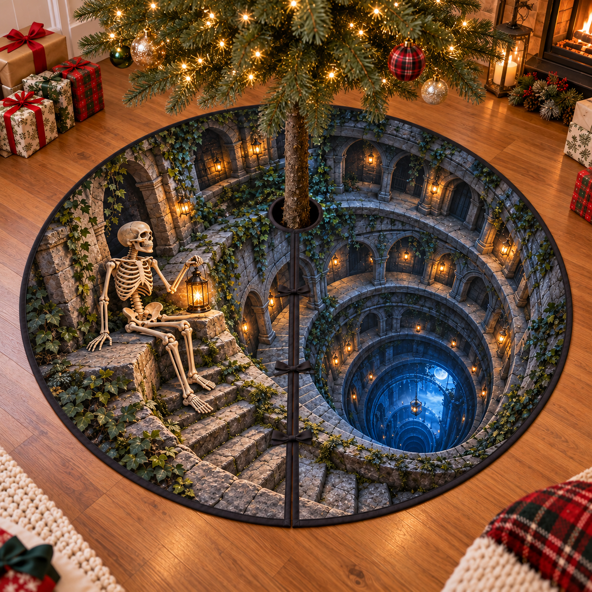 Lantern-holding skeleton beside a deep spiral stone stairwell, flat printed optical illusion on a charcoal-bound circular tree skirt.