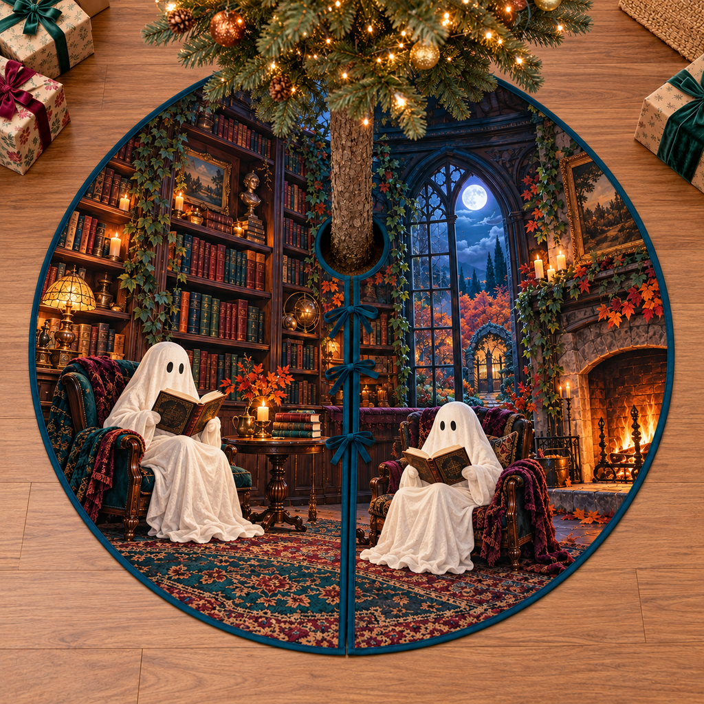 Two friendly sheet ghosts reading open books in a candlelit moonlit library, flat printed on a teal-bound circular tree skirt.