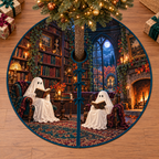 Two friendly sheet ghosts reading open books in a candlelit moonlit library, flat printed on a teal-bound circular tree skirt.