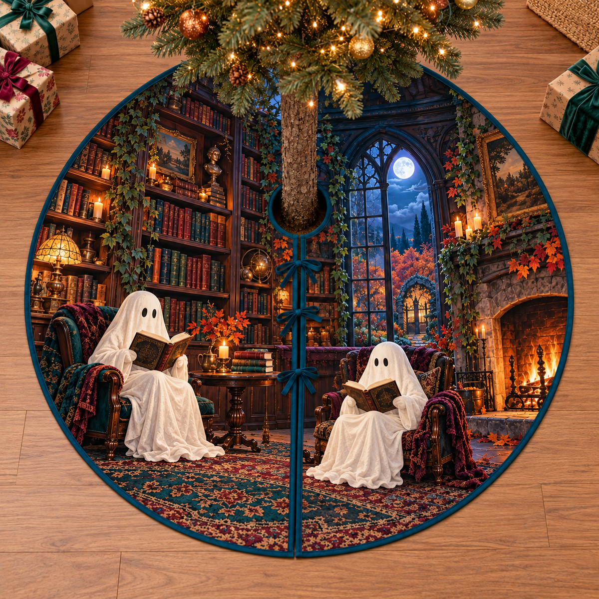 Two friendly sheet ghosts reading open books in a candlelit moonlit library, flat printed on a teal-bound circular tree skirt.