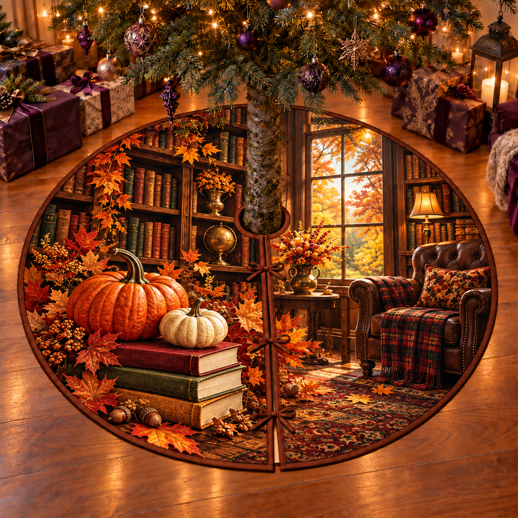 Orange and ivory pumpkins resting on three closed vintage books in a deep amber autumn library, flat printed on a thin round tree skirt with full radial slit and three ties.