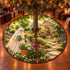 Friendly ivory ghost watering daisies and coneflowers with a green can, sunlit stone path and wooden greenhouse, flat printed on tree skirt.