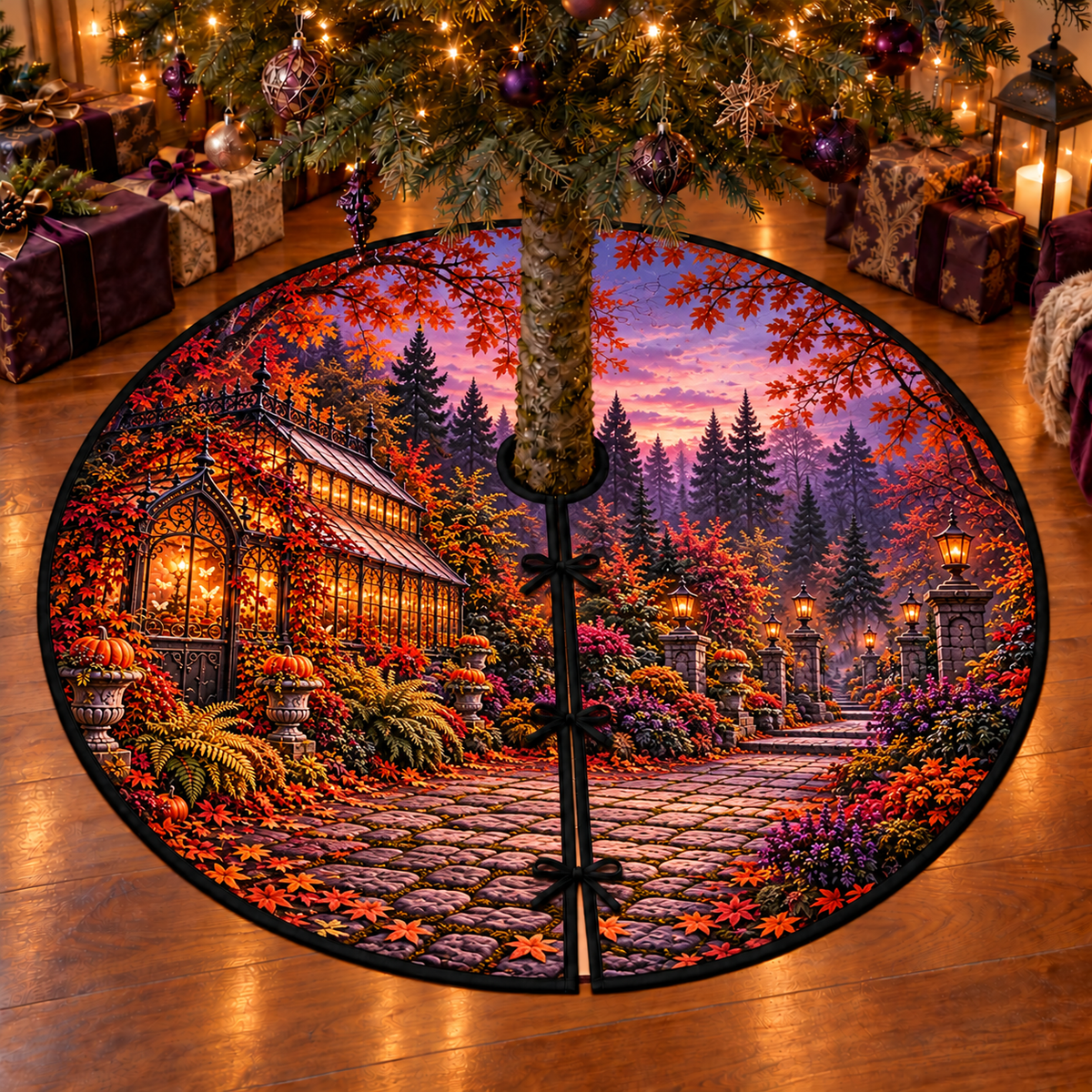 Amber-lit black iron greenhouse exterior with autumn vines, pumpkin urns and a deep cobbled garden path, flat printed on a thin round tree skirt with full radial slit and three ties.