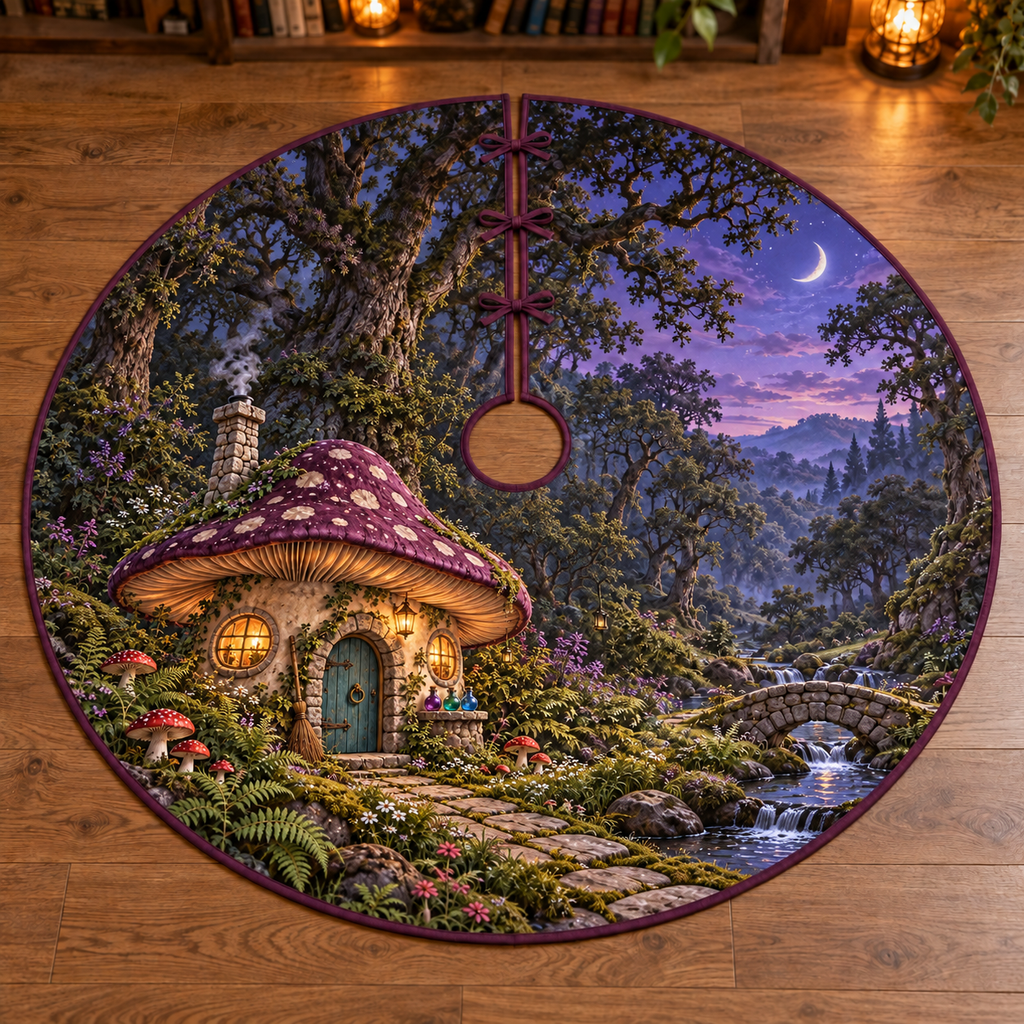 Mushroom witch cottage, broom and potion bottles in a twilight woodland garden, flat printed on a thin plum-bound circular tree skirt.