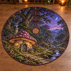 Mushroom witch cottage, broom and potion bottles in a twilight woodland garden, flat printed on a thin plum-bound circular tree skirt.