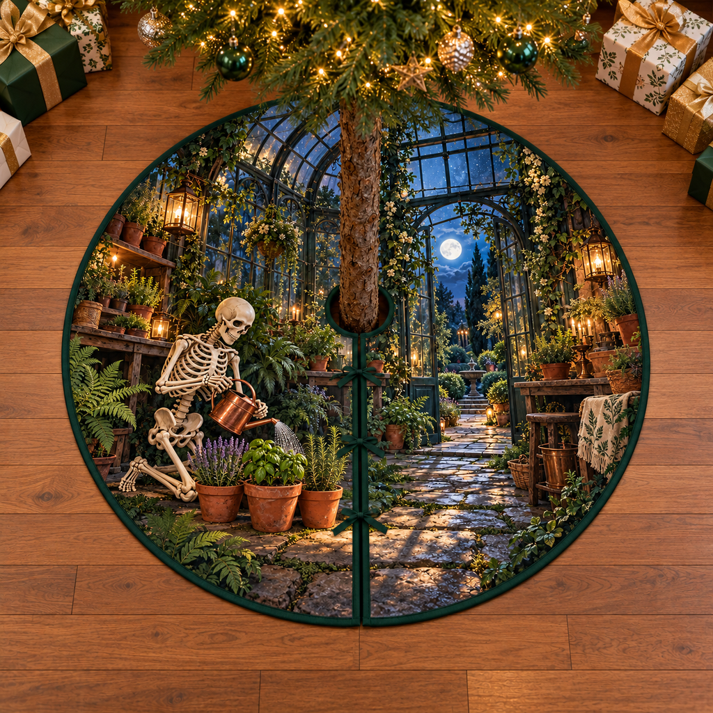 Friendly skeleton watering three herb pots with a copper can in a moonlit greenhouse, flat printed on a green-bound circular tree skirt.
