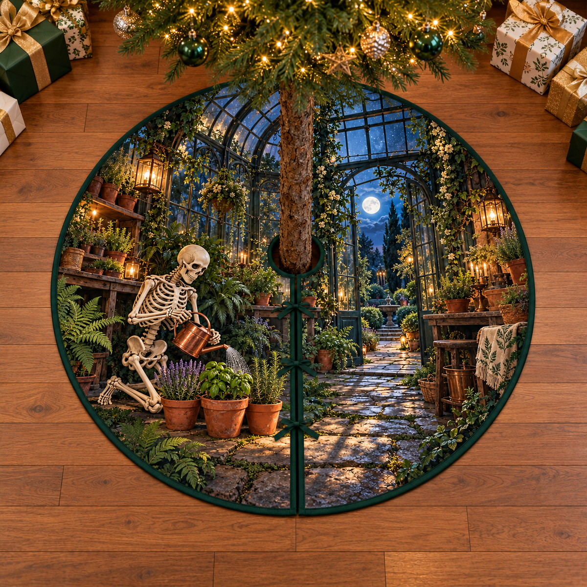 Friendly skeleton watering three herb pots with a copper can in a moonlit greenhouse, flat printed on a green-bound circular tree skirt.