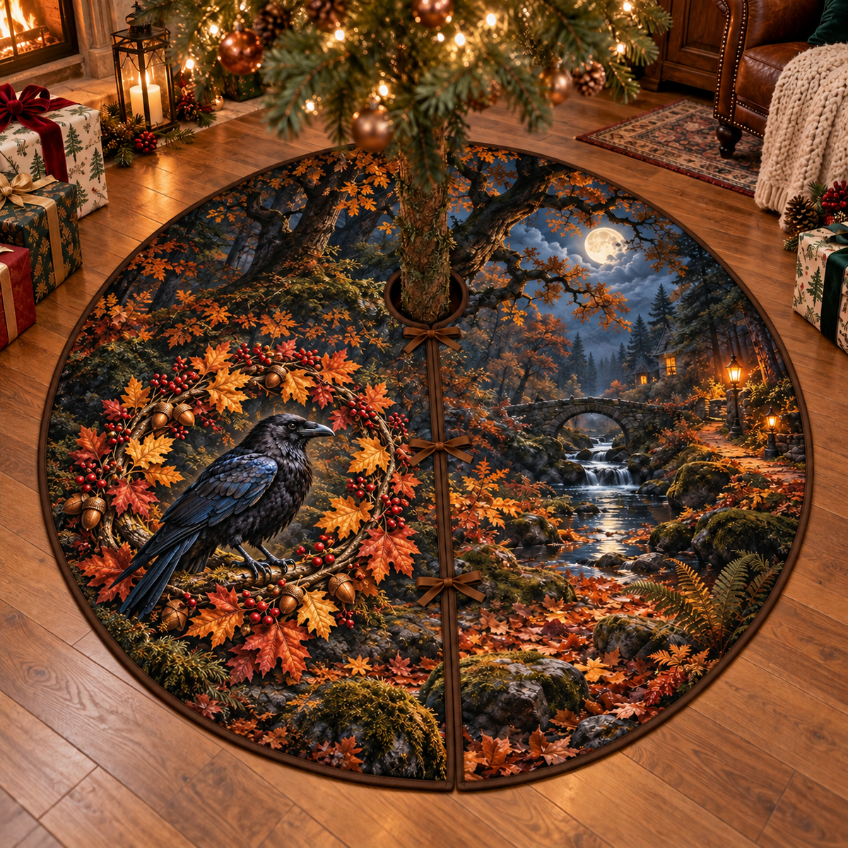 Whole black raven perched within an autumn oak maple berry wreath in a moonlit woodland stream scene, flat printed on a bronze-bound circular tree skirt.