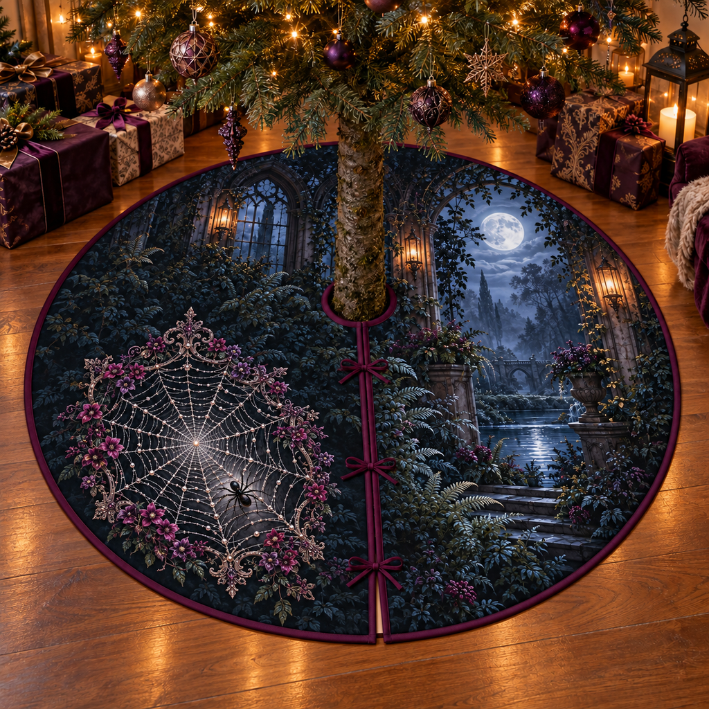 Complete fine spiderweb and plum floral filigree medallion beside a moonlit Gothic garden pool, flat printed on an opaque plum-bound circular tree skirt.
