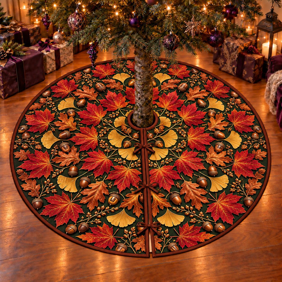 Copper-red maple leaves, russet oak leaves, golden ginkgo leaves, acorns and small branching seed clusters form symmetrical botanical rings across a deep forest-green background. Crisp veins and coherent fine shadows give the leaf arrangement visual depth. Flat printed on a thin bound circular tree skirt with full radial slit and three ties.