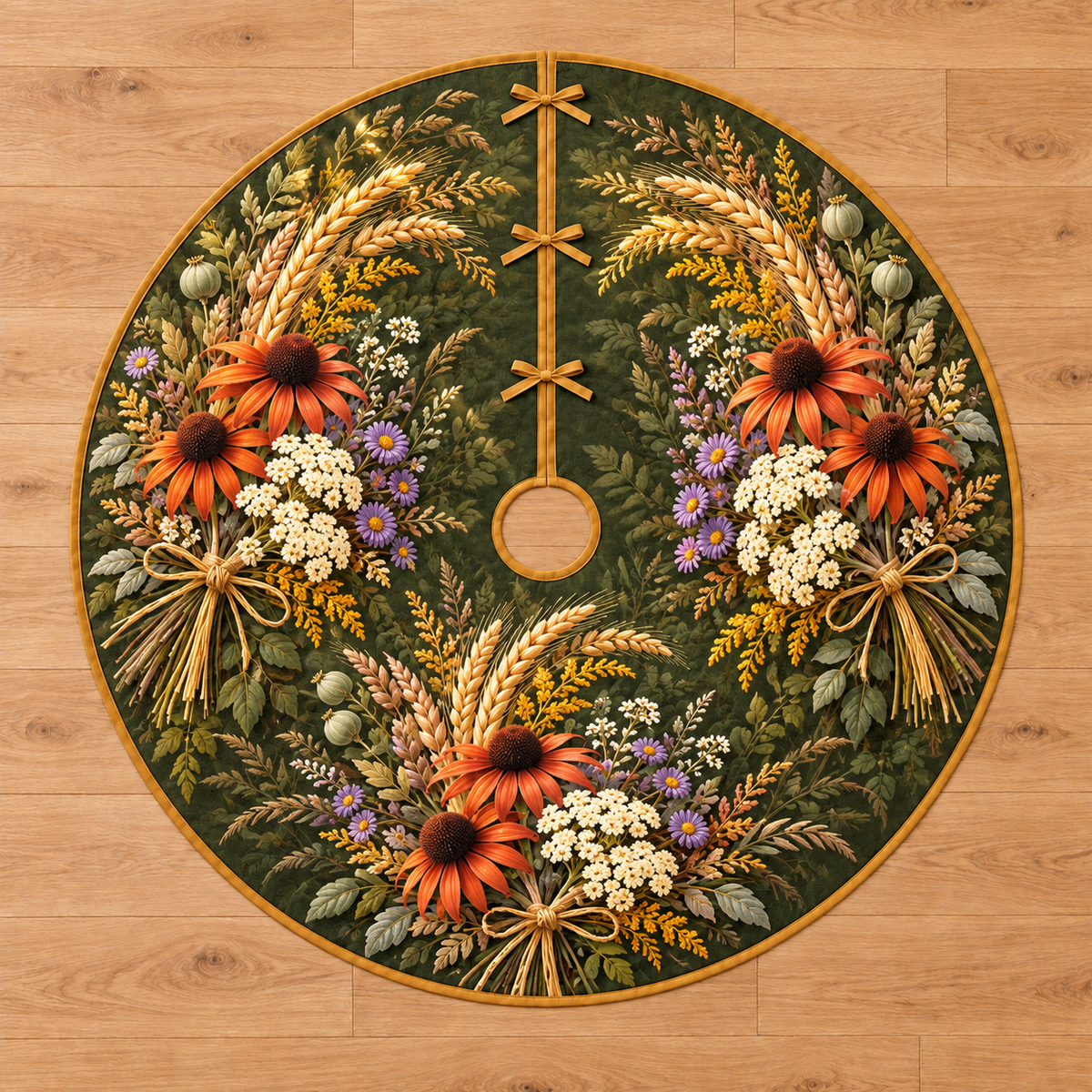 Harvest Wildflower Sheaves Tree Skirt. Rust coneflowers, ivory yarrow, purple asters and golden wheat in three crescent sheaves on olive; flat printed depth on thin bound circle.