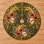 Harvest Wildflower Sheaves Tree Skirt. Rust coneflowers, ivory yarrow, purple asters and golden wheat in three crescent sheaves on olive; flat printed depth on thin bound circle.