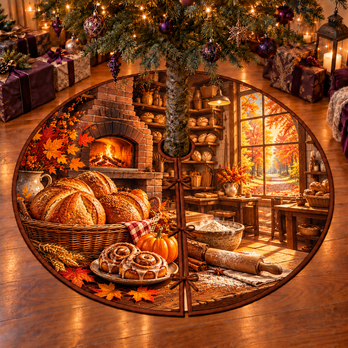 Golden scored bread loaves fill a wicker basket beside a plate of cinnamon rolls and a small orange pumpkin. A flour bowl and rolling pin rest on the counter, while a glowing brick oven, bread shelves and a bright autumn window recede into a cozy bakery. Flat printed on a thin bound circular tree skirt with full radial slit and three ties.
