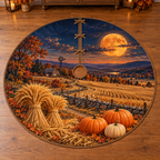 Harvest moon over a wheat field, tied golden sheaves and whole pumpkins, flat printed on a thin bronze-bound circular tree skirt.