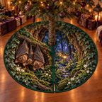 Two adult brown bats and a smaller pup resting upside down in a deep mossy tree hollow, flat printed on a thin round tree skirt with full radial slit and three ties.