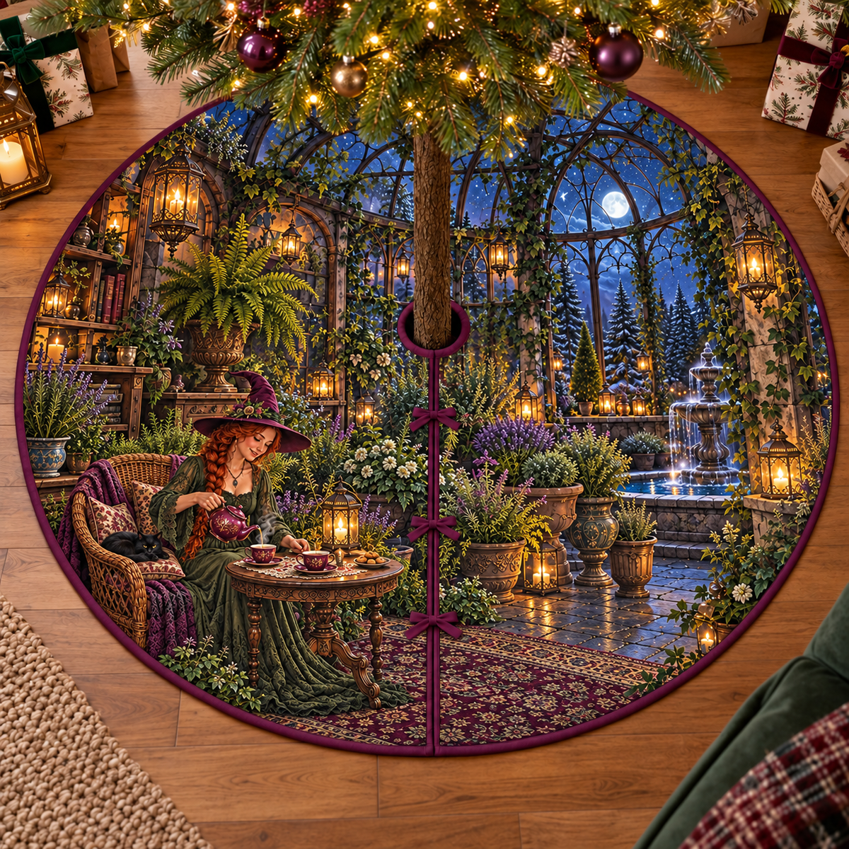 Cottage witch pouring tea beside a black cat in a moonlit herb conservatory, flat printed on a plum-bound circular tree skirt.