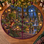 Cottage witch pouring tea beside a black cat in a moonlit herb conservatory, flat printed on a plum-bound circular tree skirt.