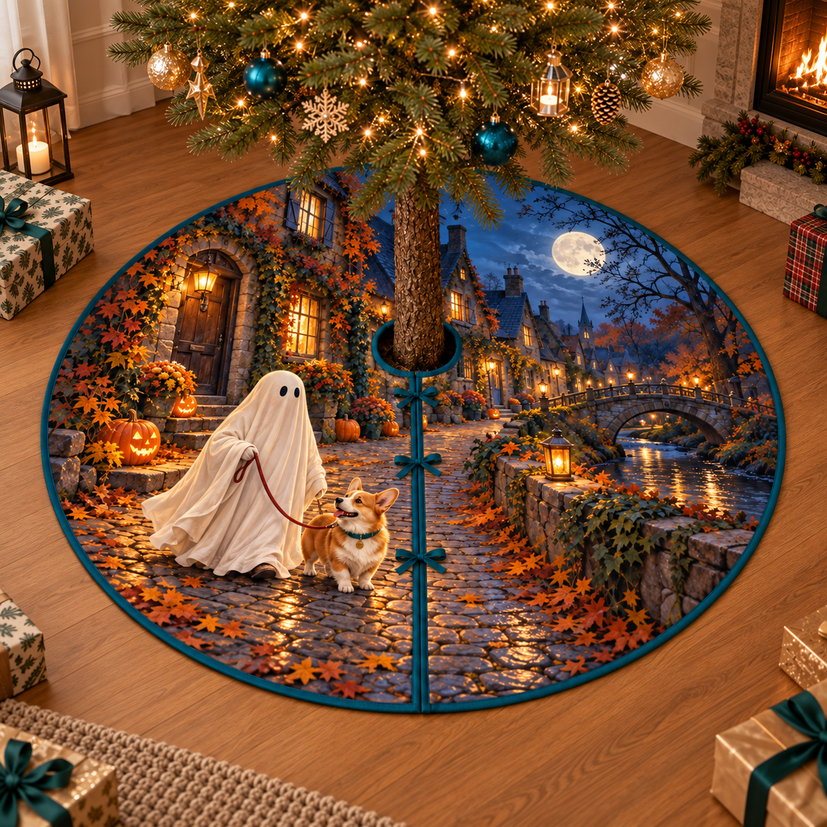Friendly sheet ghost walking a tan corgi on a connected leash through a moonlit autumn village, flat printed on a teal-bound circular tree skirt.