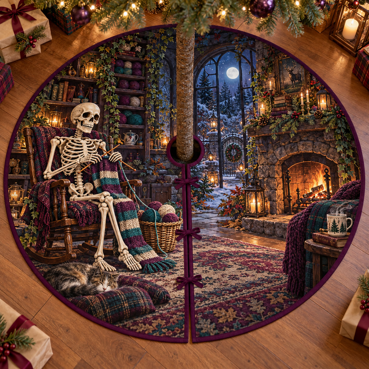 Friendly skeleton knitting a striped scarf beside yarn basket, sleeping cat and moonlit cottage fireplace, flat printed on a plum-bound circular tree skirt.