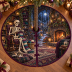 Friendly skeleton knitting a striped scarf beside yarn basket, sleeping cat and moonlit cottage fireplace, flat printed on a plum-bound circular tree skirt.