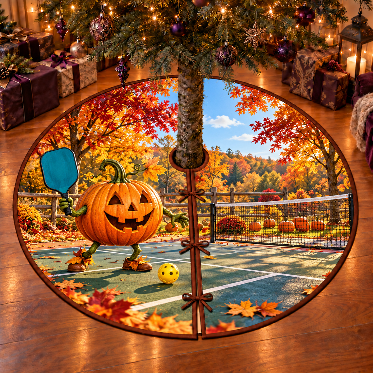 Cheerful pumpkin holding teal pickleball paddle beside perforated yellow ball, deep autumn court scene flat printed on thin round tree skirt with full radial slit and three ties.