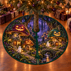 Three mushroom houses with glowing jack-o-lantern cap faces and two friendly ghost villagers on deep mossy forest paths, flat printed on a thin round tree skirt with full radial slit and three ties.