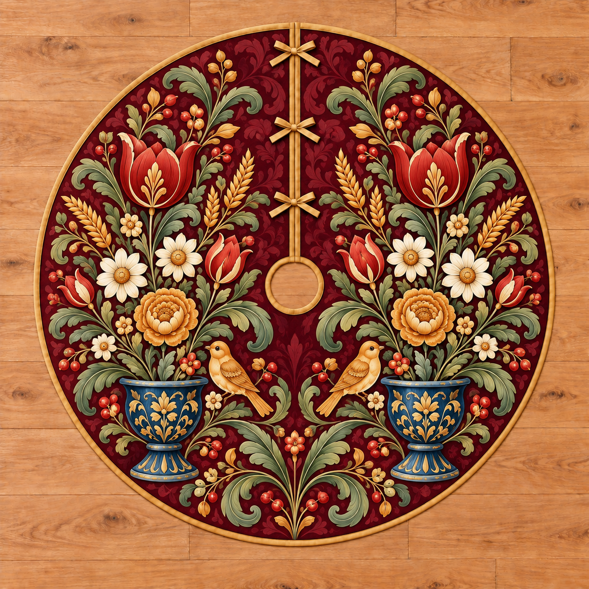 Folk Harvest Urn Bouquets Tree Skirt. Two blue urn bouquets with rust tulips, ivory daisies, wheat and two ochre birds on burgundy, entirely flat printed on a thin bound circle.