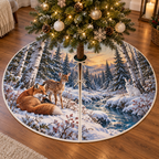 A red fox rests beside a spotted fawn and a white hare along a winding blue winter brook. Snowy silver birches, dark fir trees, berry branches and distant mountains recede toward an amber sky. Fine fur, bark, snow and overlapping forest layers create strong optical depth entirely within flat printed artwork. No real animals, snow, water, trees or raised scenic pieces are included. Room styling is not included.