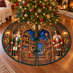 Nutcracker Clockwork Toyshop Tree Skirt. Flat printed optical depth; room furnishings and decorations not included.