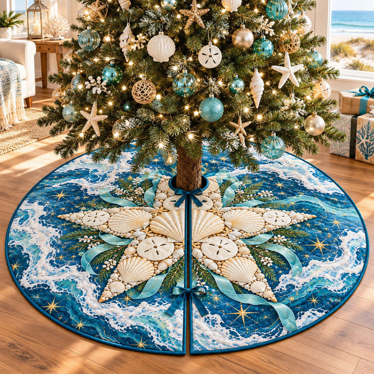 Seashell Christmas Star Tree Skirt. Flat printed artwork on a round bound skirt with opening, radial slit and ties.