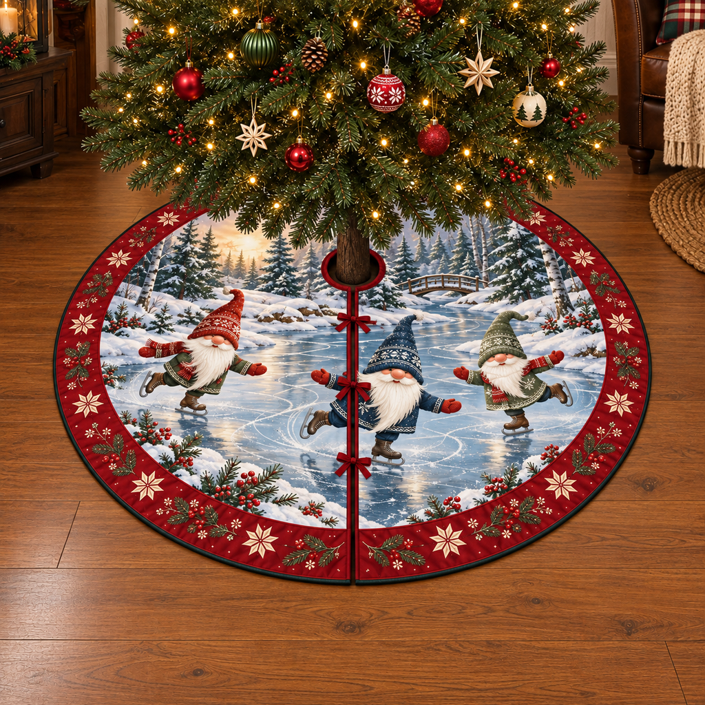 Nordic Gnome Skating Pond Tree Skirt. Flat printed three skating gnomes, frozen pond, woodland bridge and folk-star border.